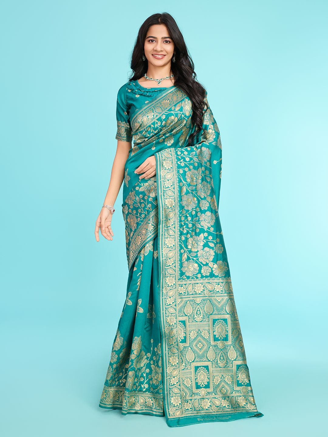 

RICH & ROMAN Woven Design Pure Silk Banarasi Saree, Teal