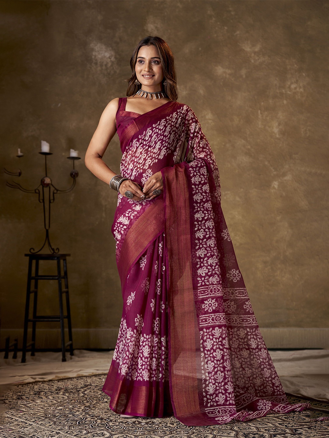 

KAYOMMI Floral Printed Zari Pure Cotton Chanderi Saree, Purple
