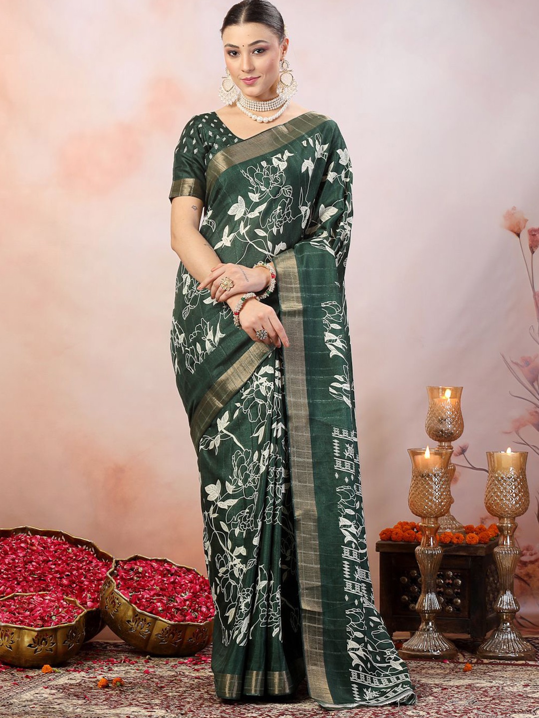 

Stylum Paisley Zari Floral Saree, Green