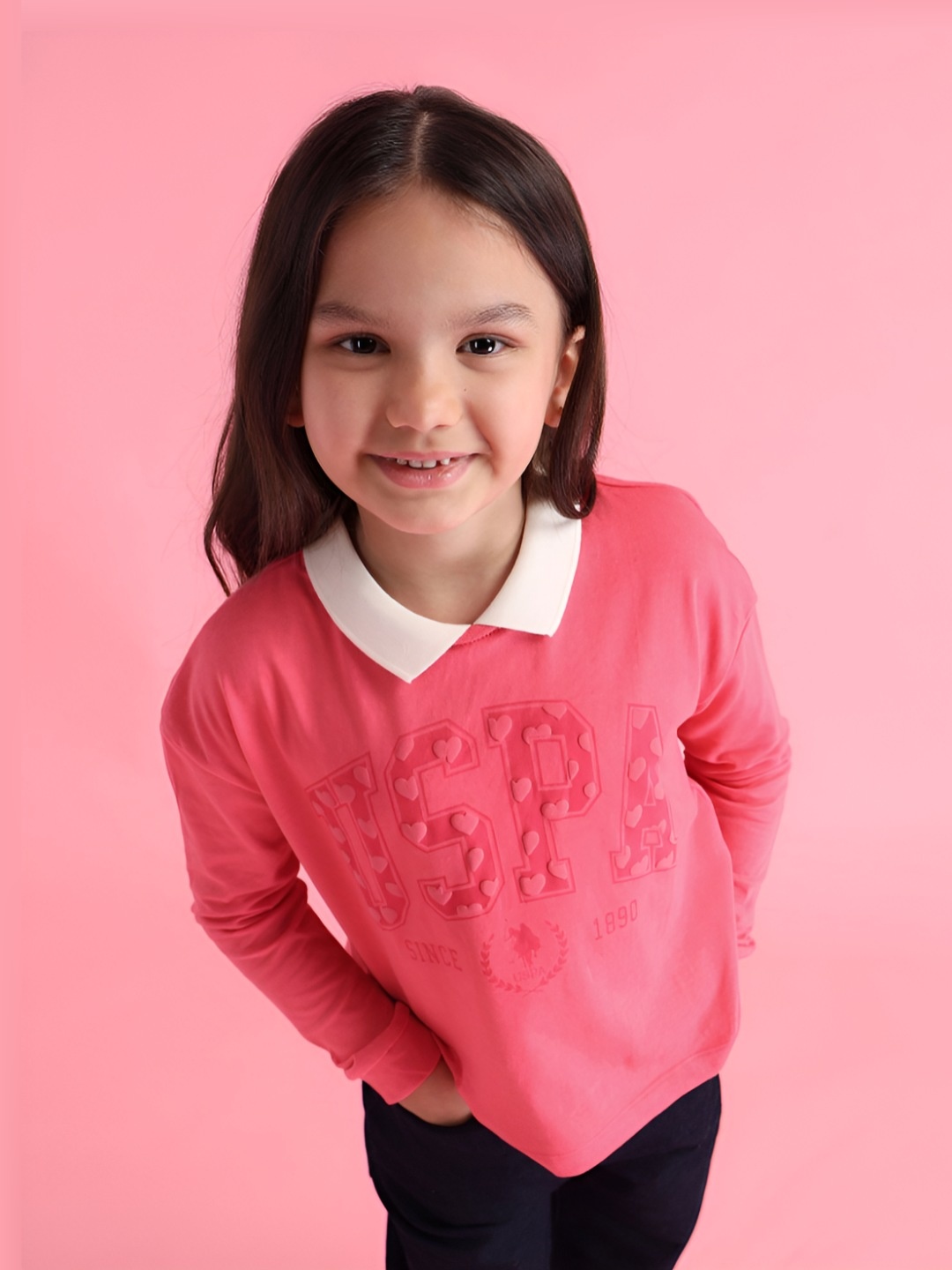 

U.S. Polo Assn. Kids Girls Typography Printed Polo Collar Cotton T-shirt, Pink