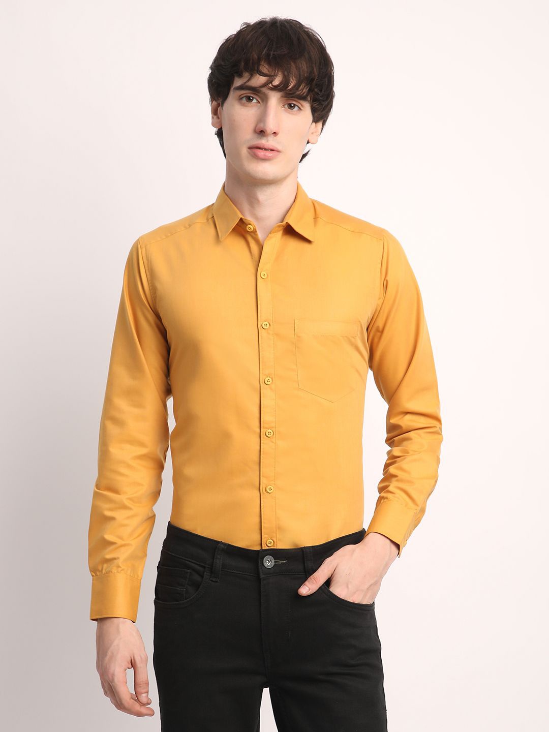 

Voroxy Men Smart Spread Collar Solid Cotton Casual Shirt, Mustard