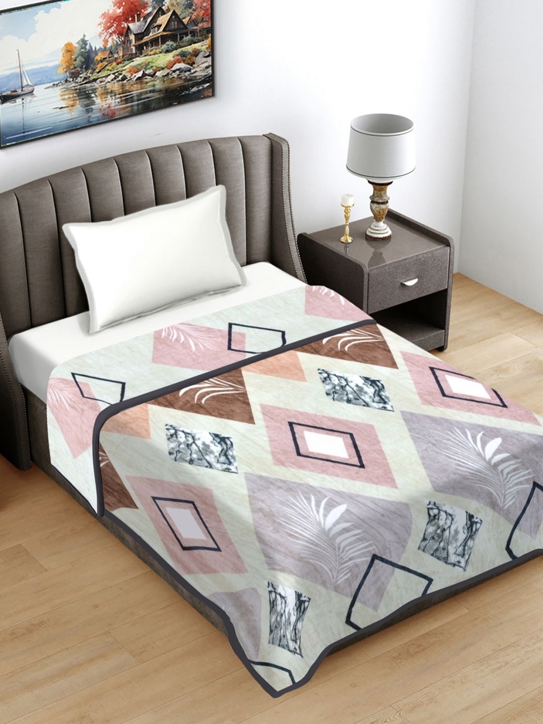 

FABINALIV Blue & Pink Geometric Printed Woollen AC Room 233 GSM Single Bed Blanket