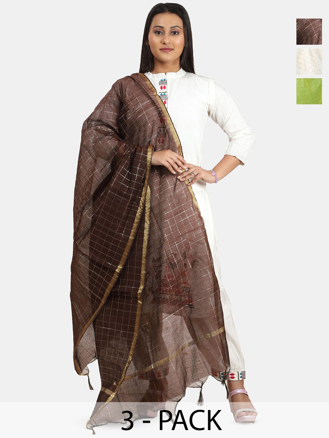 

Fabme Pack Of 3 Checked Zari Dupattas, Green