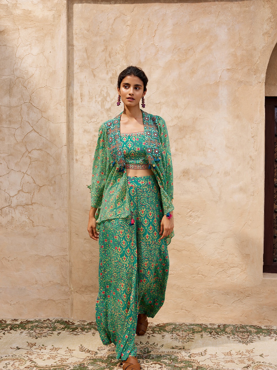 

Global Desi Printed Top With Shrug & Palazzo, Teal