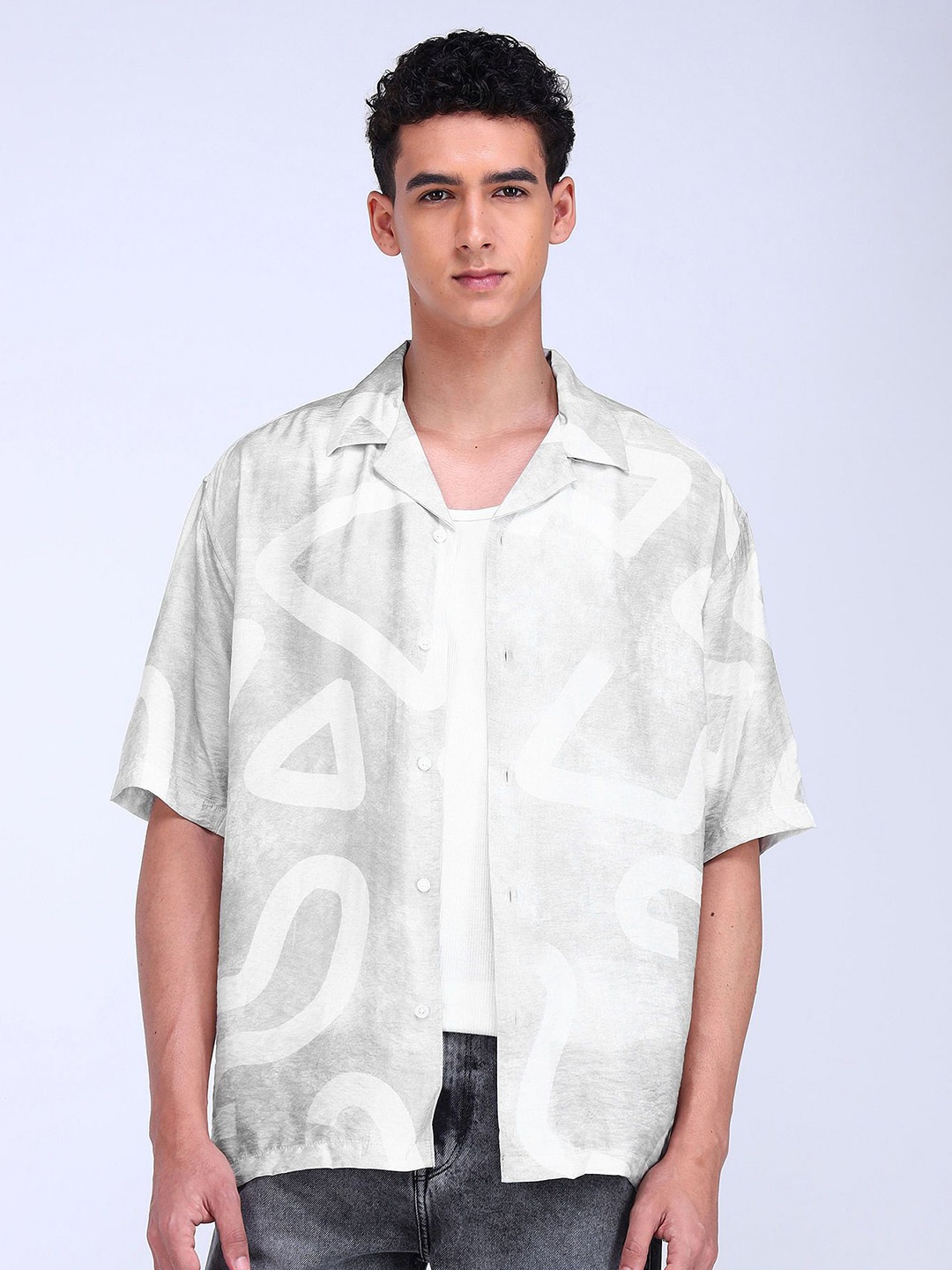 

Flying Machine Men Cuban Collar Abstract Printed Oversized Casual Shirt, Grey