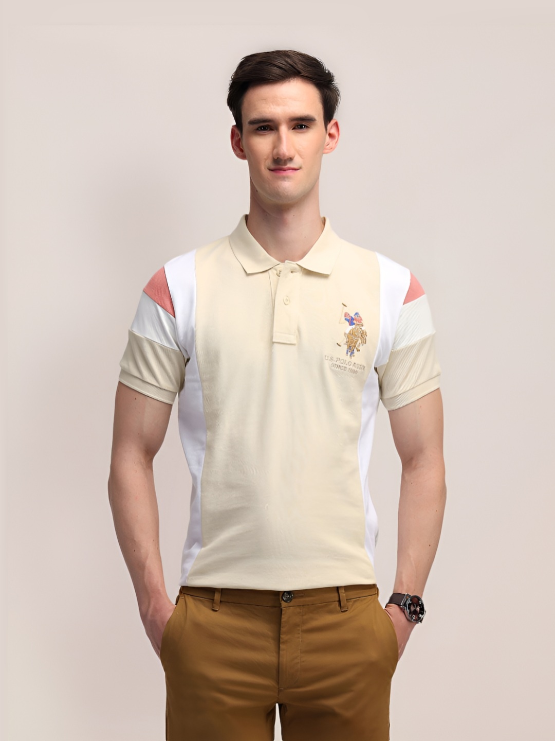 

U.S. Polo Assn. Men Brand Logo Colourblocked Slim Fit Pure Cotton T-shirt, Beige