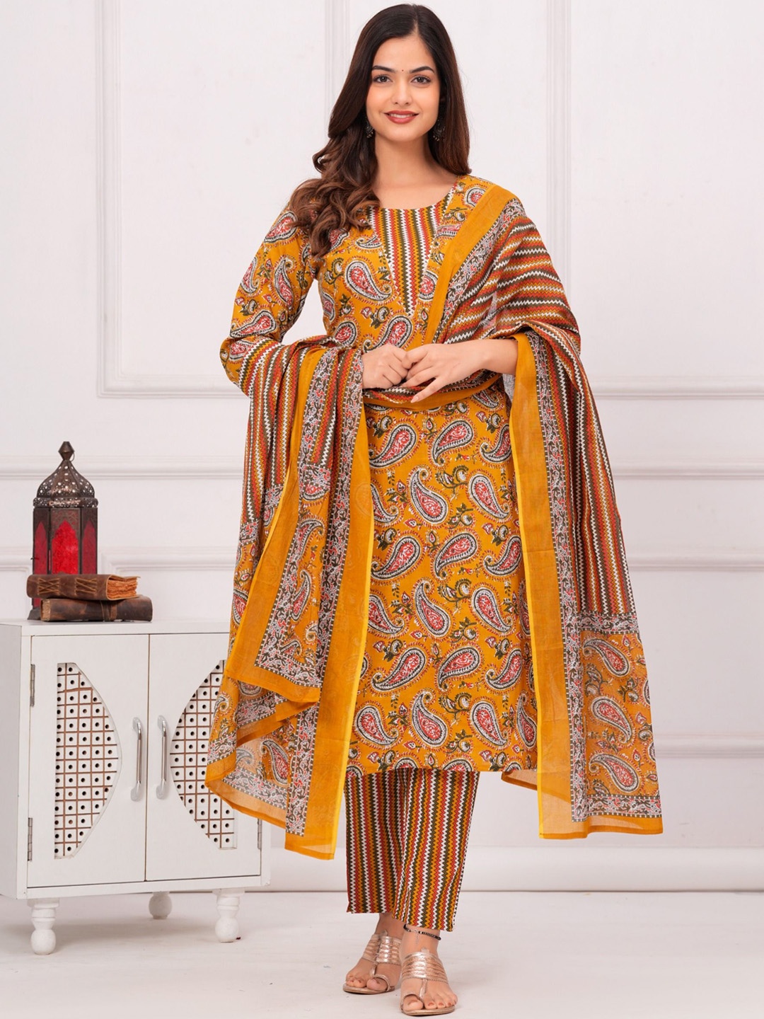 

His&Her Paisley Printed Pure Cotton Kurta with Trousers & Dupatta, Yellow