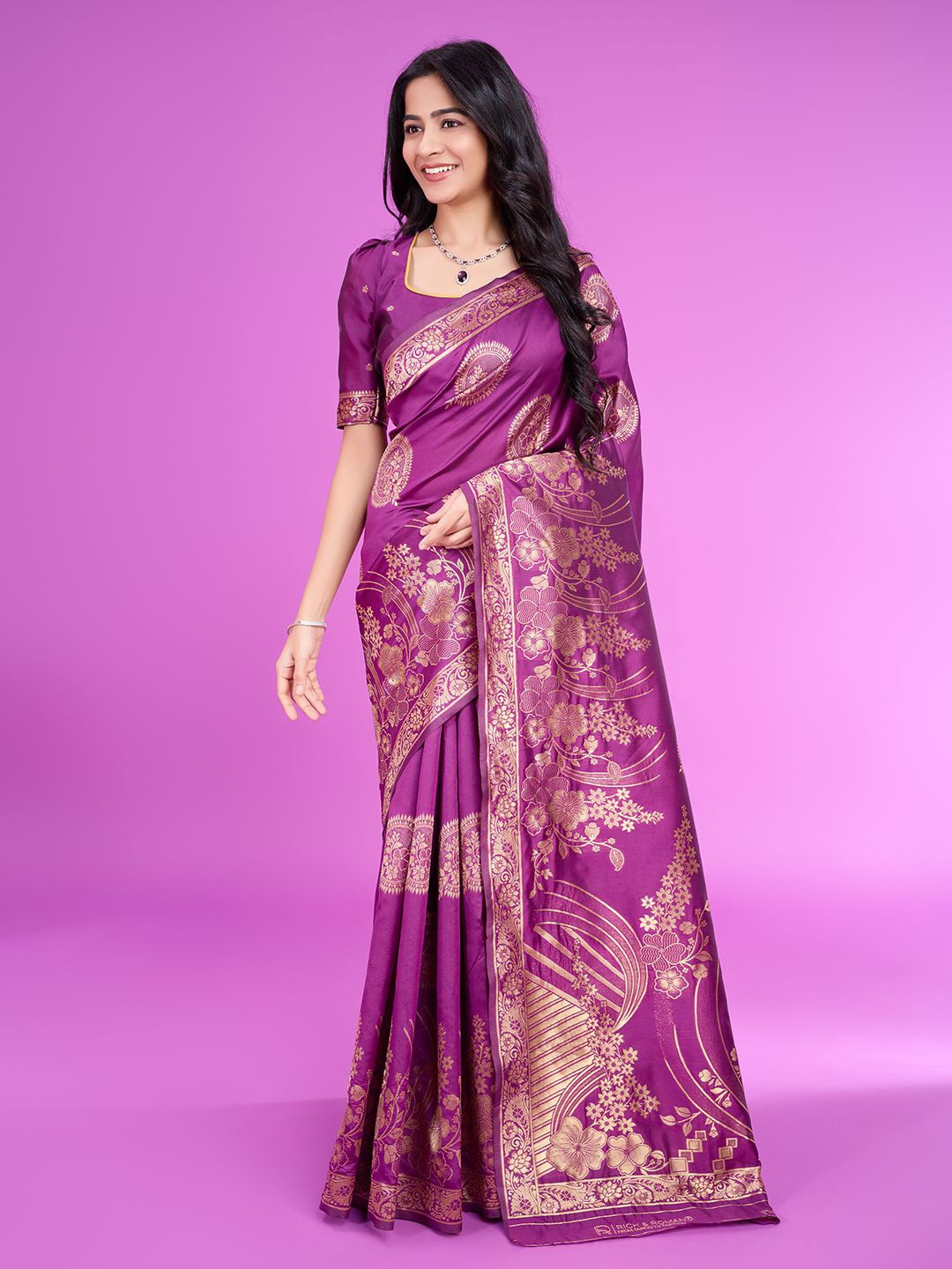 

RICH & ROMAN Woven Design Zari Pure Silk Banarasi Saree, Purple