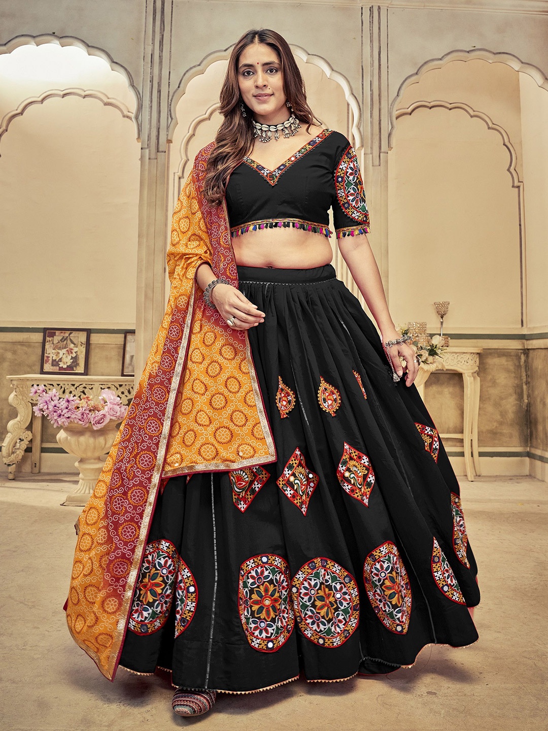 

KALINI Embroidered Thread Work Semi-Stitched Lehenga & Unstitched Blouse With Dupatta, Black