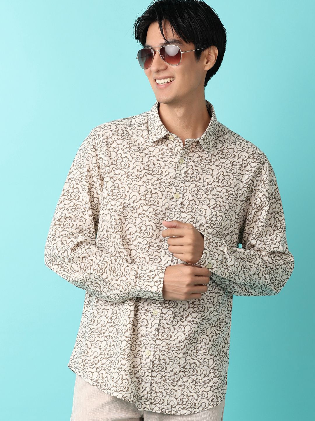 

V-Mart Men Classic Spread Collar Abstract Printed Cotton Casual Shirt, Beige