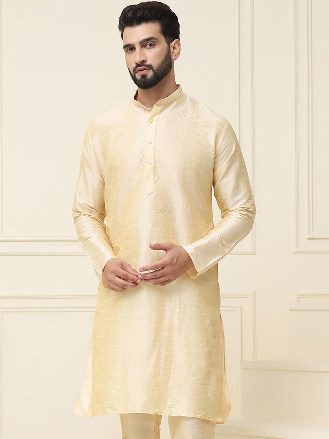 

SOJANYA Self Design Band Collar Dupion Silk Straight Kurta, Gold