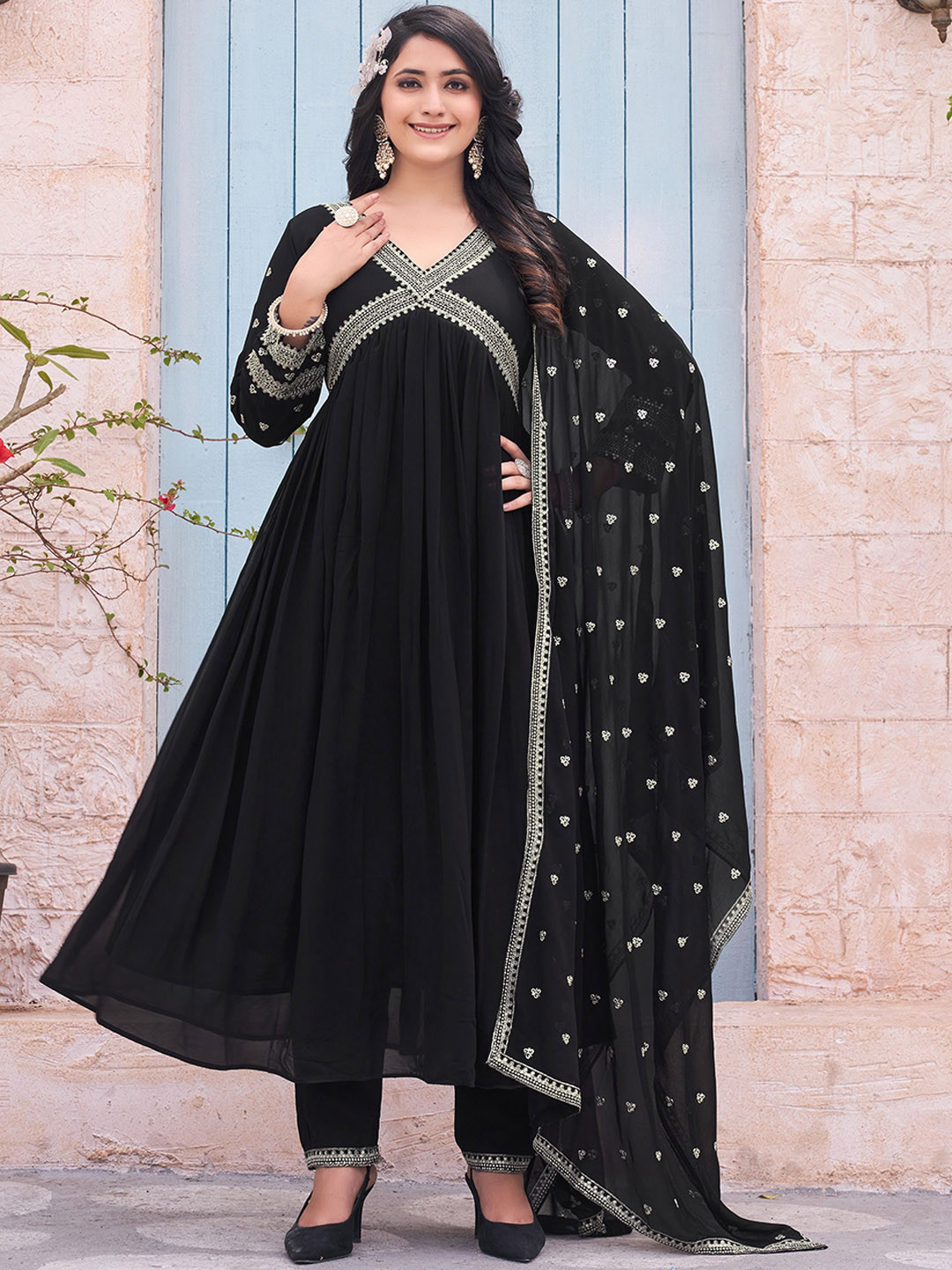

ROZLAND Ethnic Motifs Yoke Design Sequinned Georgette A-Line Kurta With Trousers & Dupatta, Black