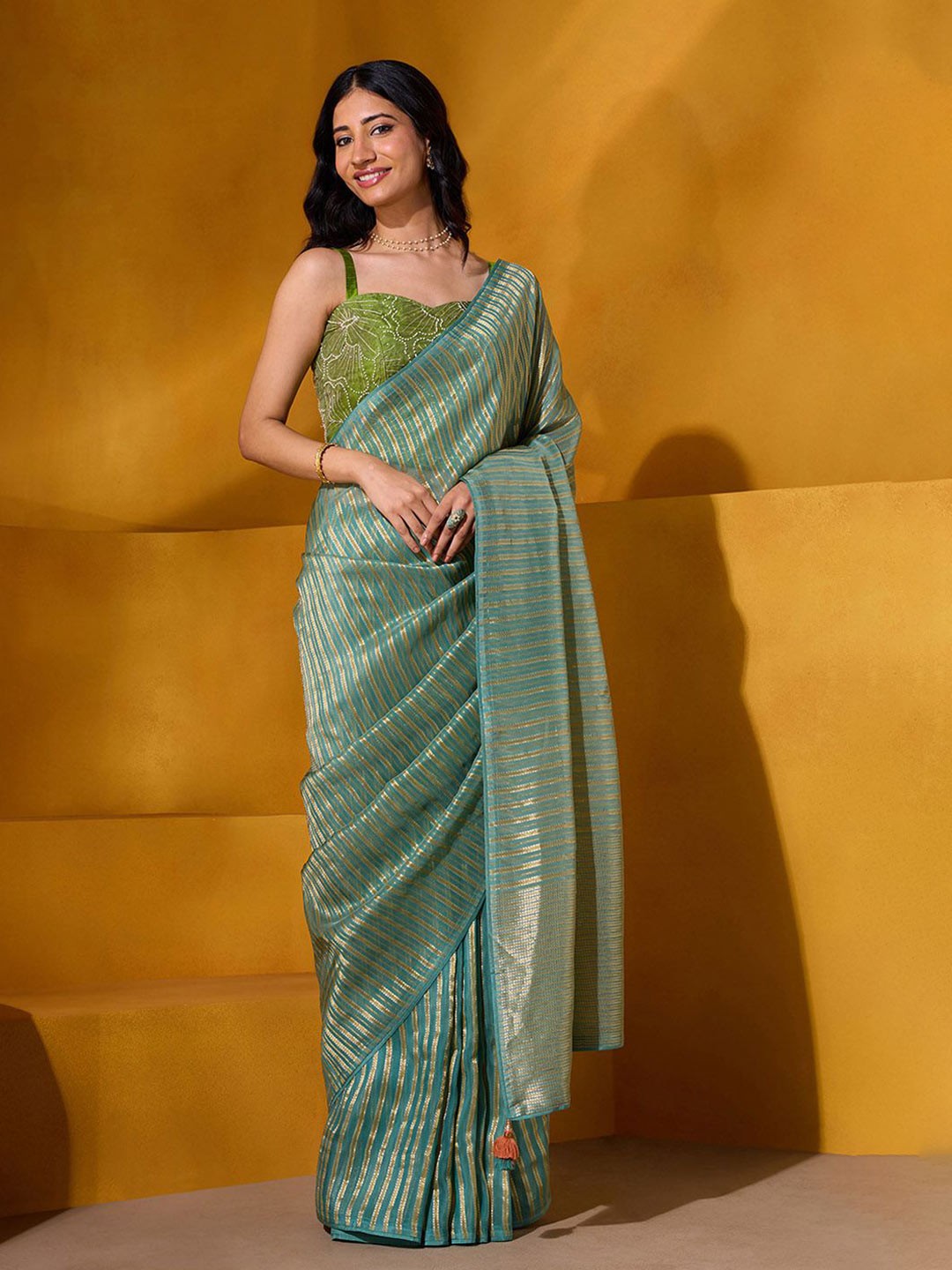 

Taneira Woven Design Printed Zari Saree, Green