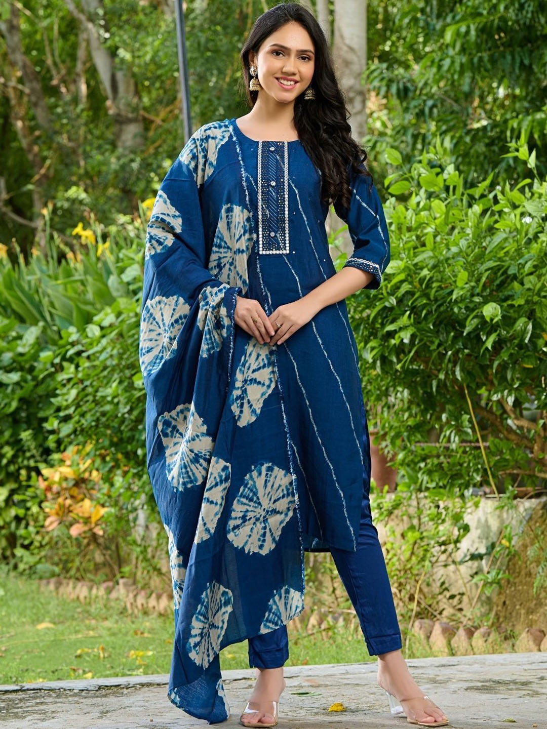 

PRETTY PALLU Striped Mirror Work Pure Cotton Straight Kurta With Trouser & Dupatta, Navy blue