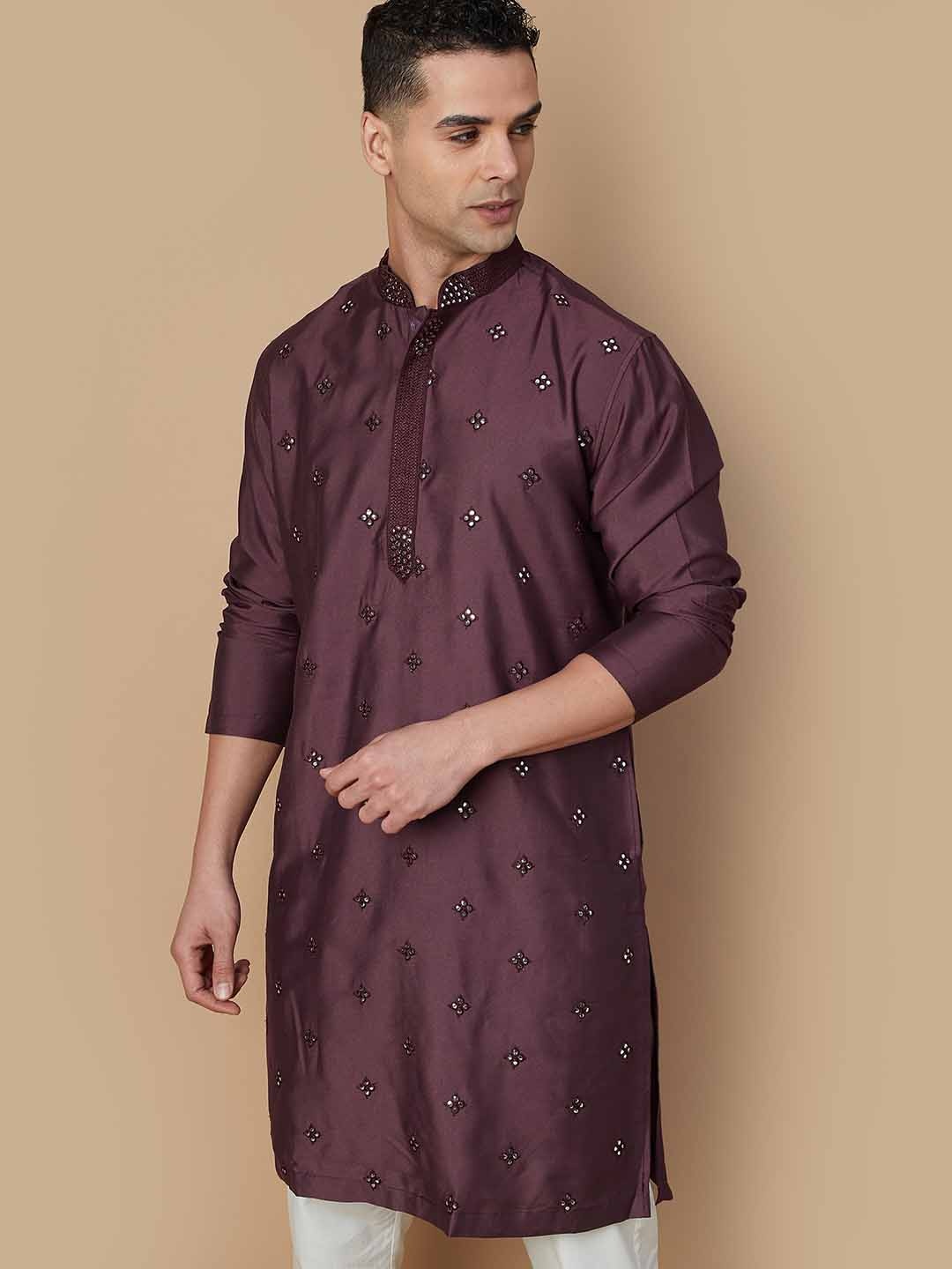 

Melange by Lifestyle Embroidered Mirror Work Mandarin Collar Straight kurta, Burgundy