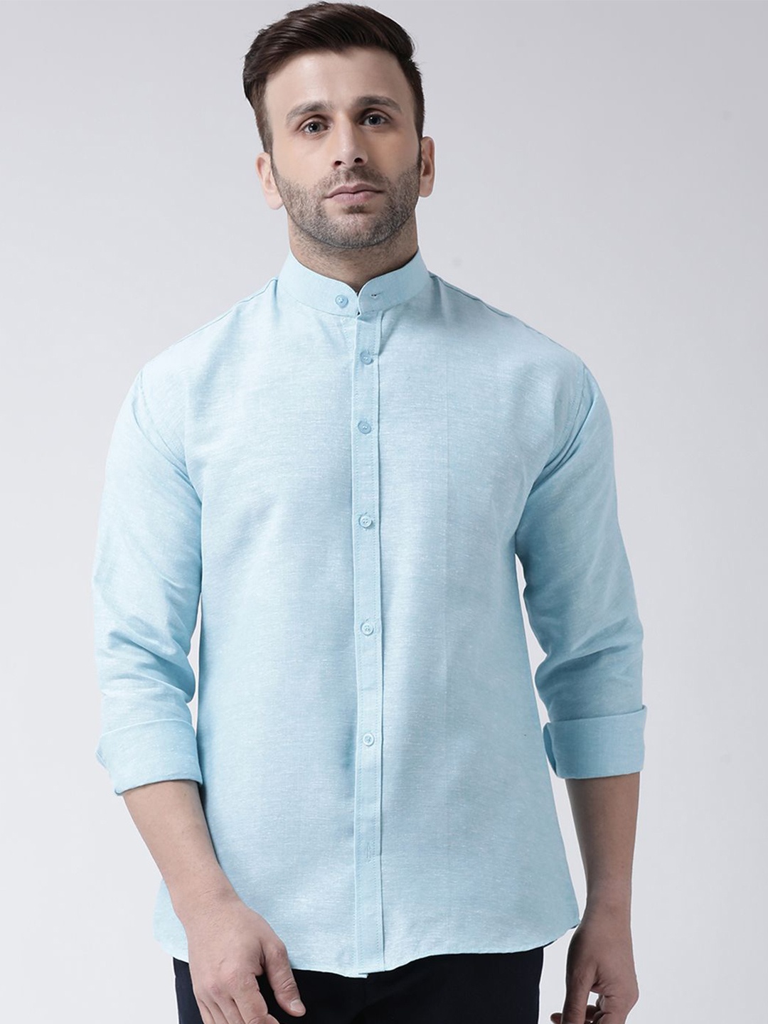 

KLOSET BY RIAG Men Classic Band Collar Solid Cotton Casual Shirt, Blue