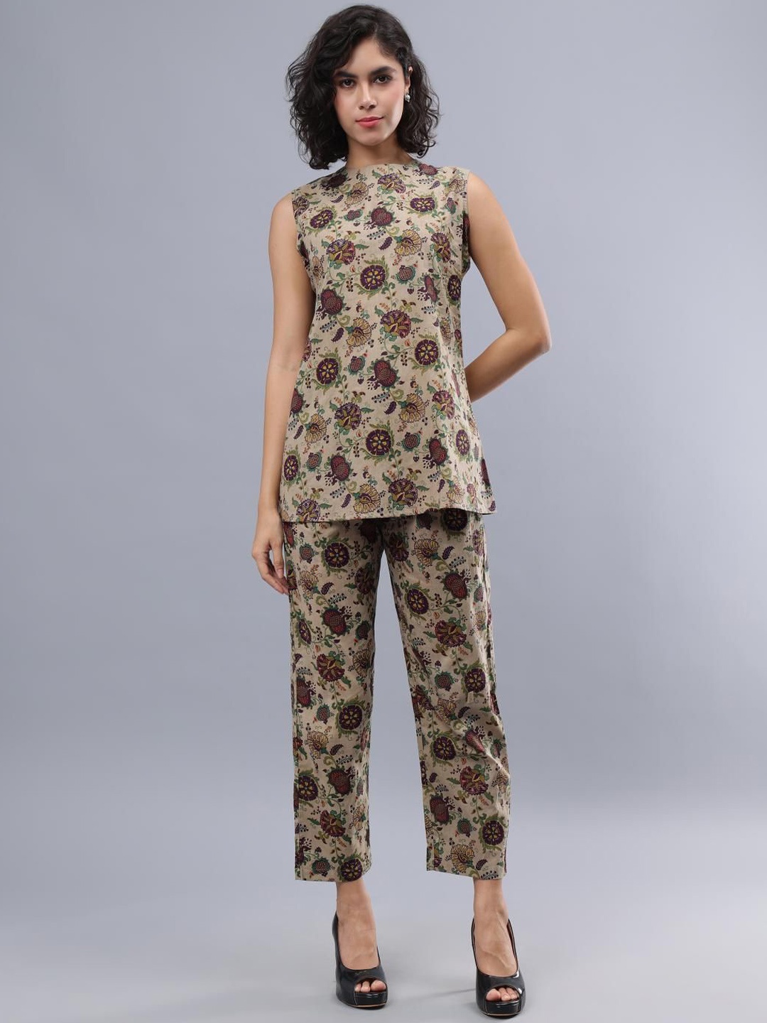 

CORDSET Printed Pure Cotton Sleeveless Tunic With Trousers Co-Ords, Beige