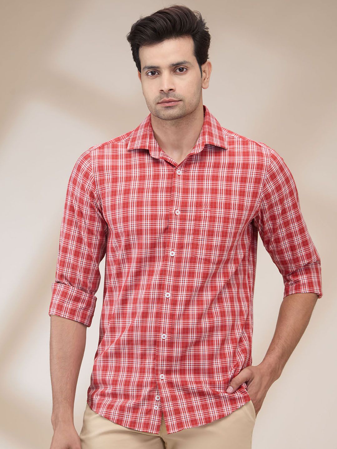 

ColorPlus Men Spread Collar Tartan Checked Cotton Casual Shirt, Red