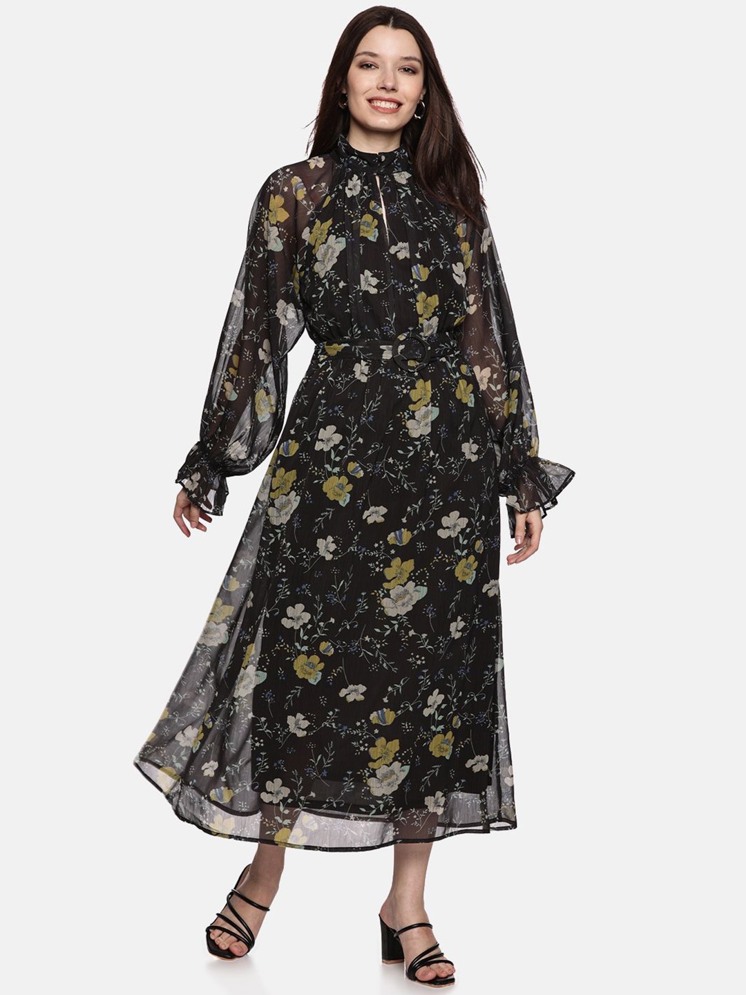 

ISU Women Floral Print Tie-Up Neck Chiffon Fit & Flare Maxi Dress, Black
