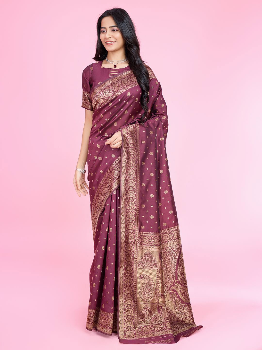 

RICH & ROMAN Woven Design Zari Pure Silk Banarasi Saree, Burgundy