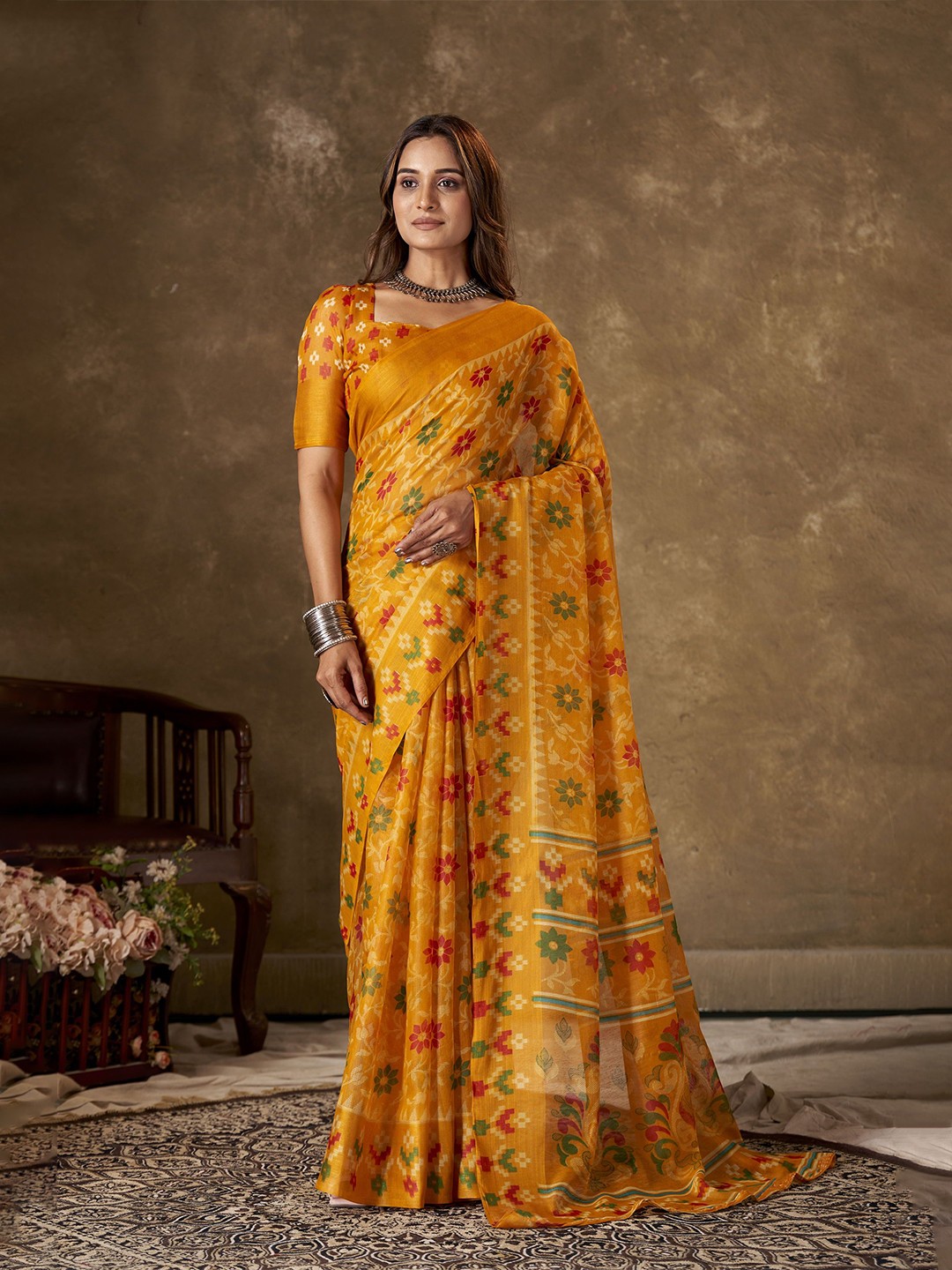 

KAYOMMI Pure Cotton Jamdani Saree, Yellow