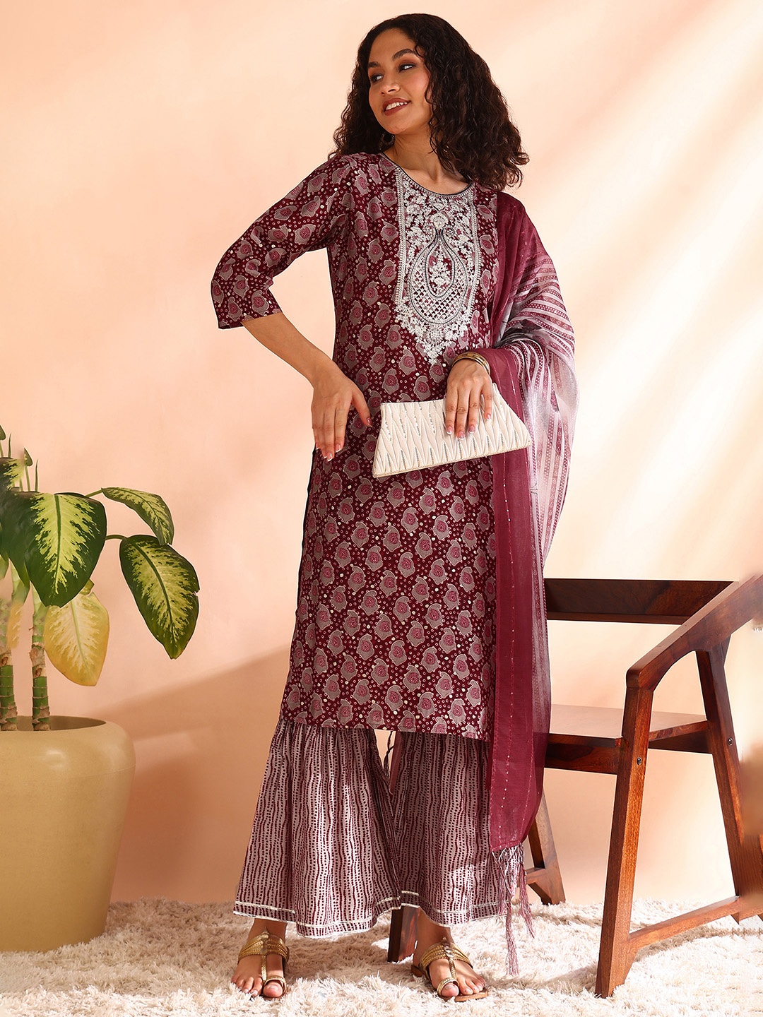 

V TRADITION Ethnic Motifs Embroidered Round Neck Thread Work Kurta With Sharara & Dupatta, Maroon