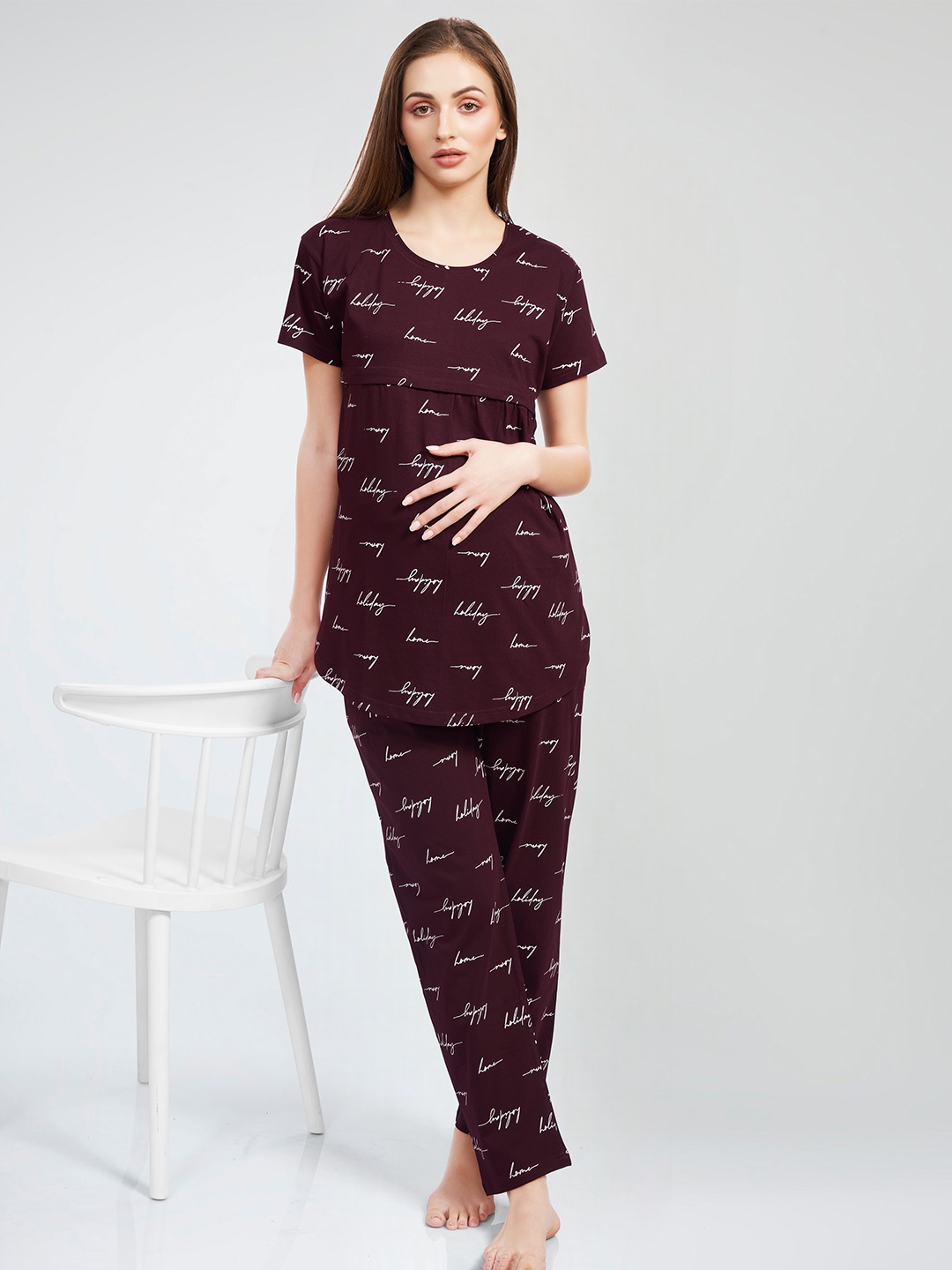 

PASTEL CLIP Women Typography Printed Maternity Pure Cotton Night suit, Brown