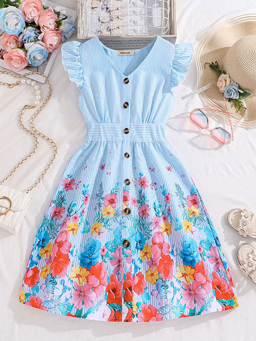 

INCLUD Girls Floral Printed Flutter Sleeve Fit & Flare Dress, Blue