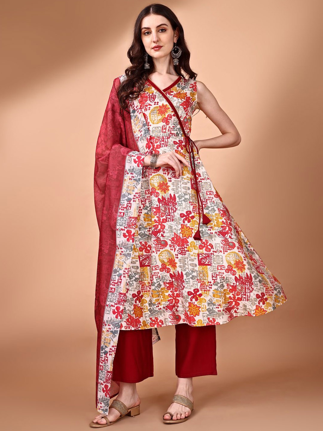 

KALINI Floral Printed Regular Anarkali Kurta with Palazzos & Dupatta, Red