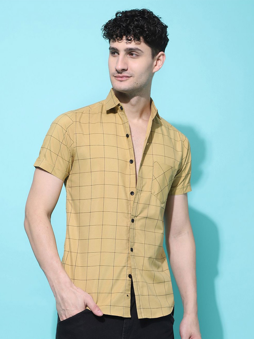 

Voroxy Men New Spread Collar Tartan Checked Cotton Casual Shirt, Yellow