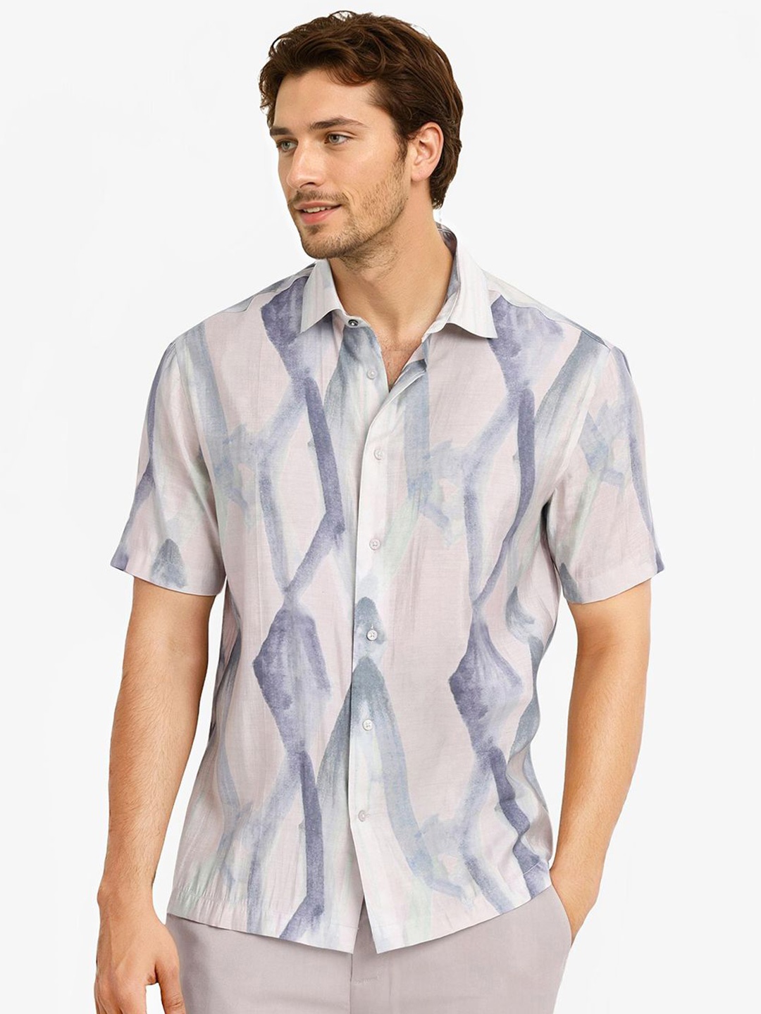 

RARE RABBIT Men Comfort Spread Collar Graphic Printed Cotton Casual Shirt, Pink