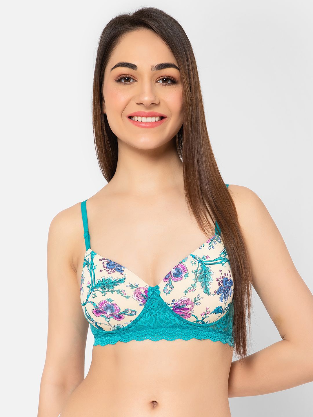 

Clovia Floral Printed Full Coverage Lightly Padded Bra, Blue
