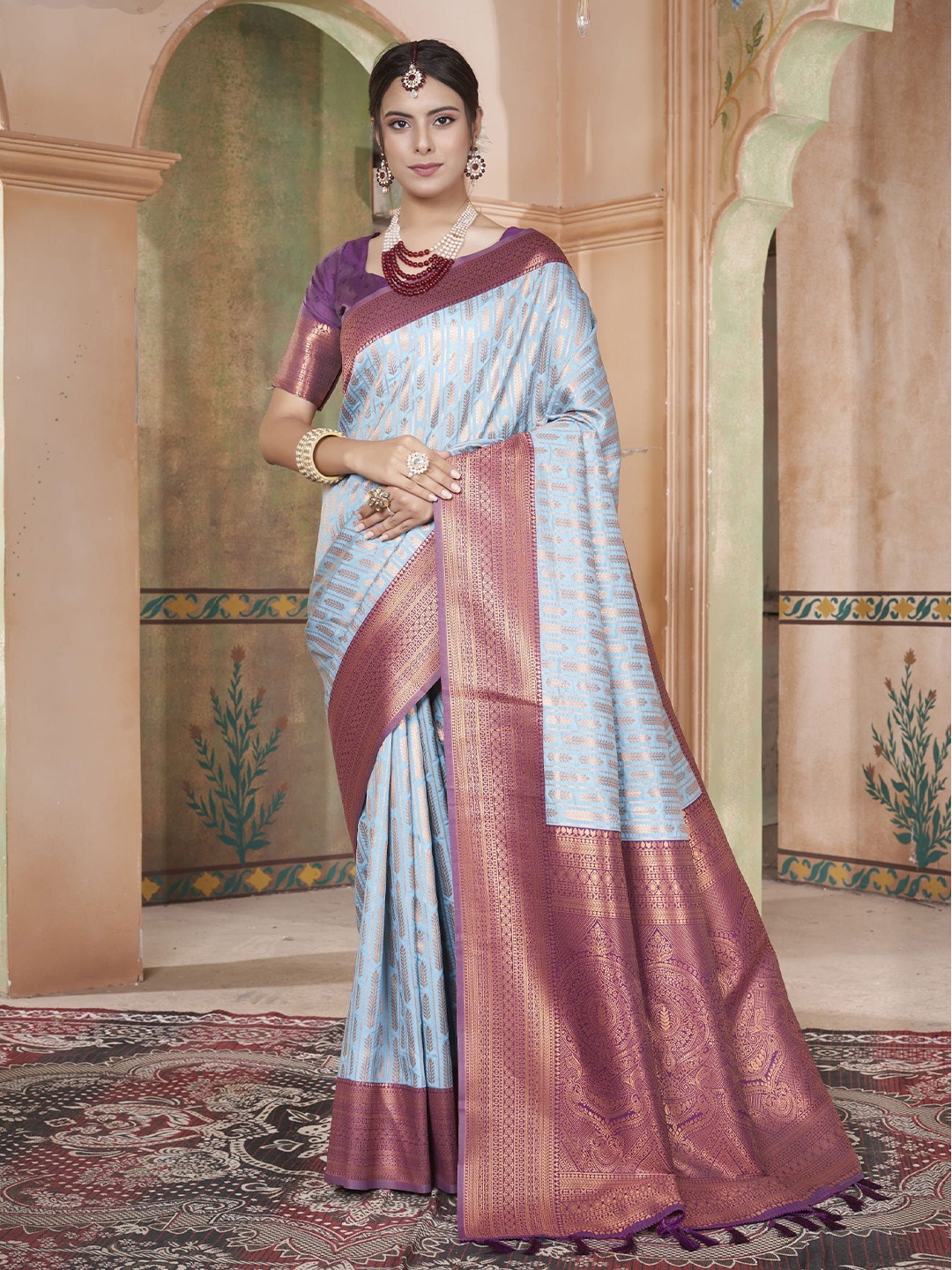 

KAYOMMI Ethnic Motifs Zari Kanjeevaram Saree, Blue