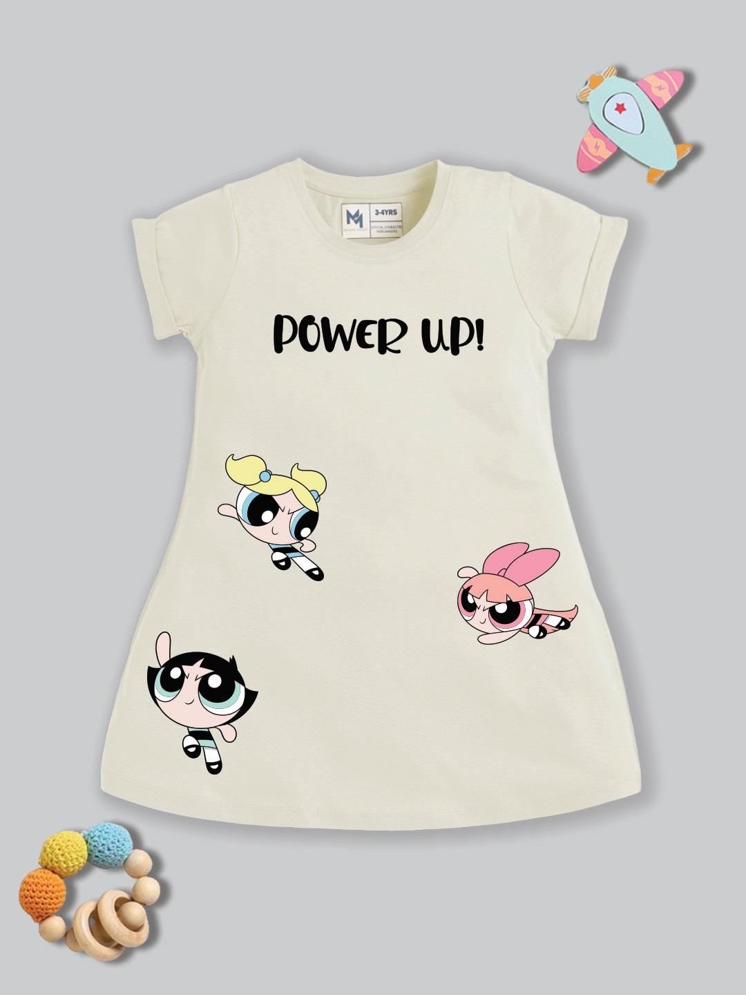 

YK X Minute Mirth Girls Powerpuff Girls Printed A-Line Dress, Cream