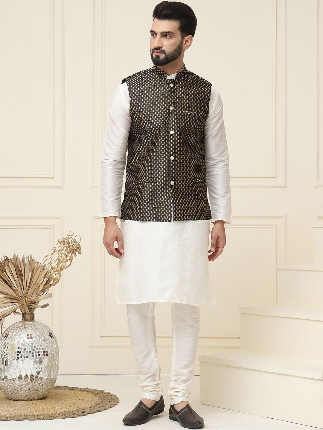 

SOJANYA Mandarin Collar Silk Cotton Straight Kurta with Churidar & Nehru jacket, Cream