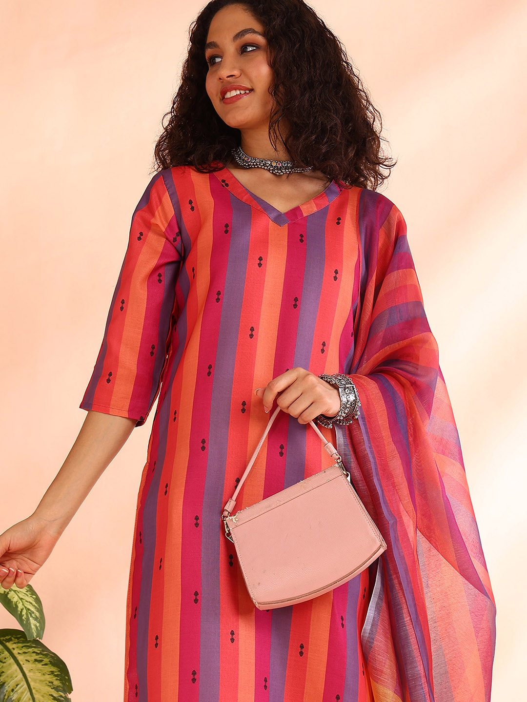 

V TRADITION Striped Printed V-Neck Straight Kurta With Trousers & Dupatta, Pink