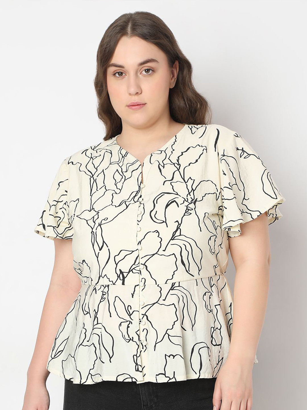 

VERO MODA CURVE Women Plus Size Floral Printed V-Neck Top, Off white
