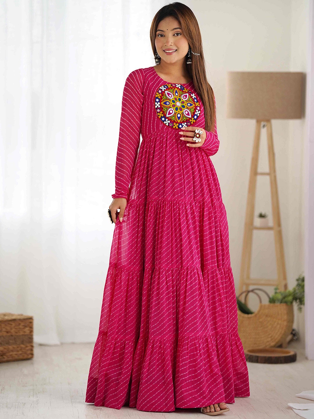 

LABELKBBRAND Leheriya Printed Thread Work Georgette Tiered Anarkali Kurta, Pink