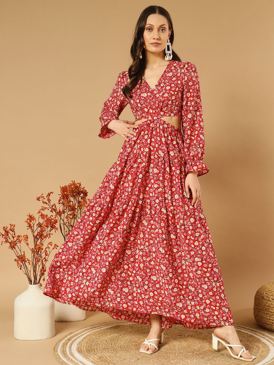

ZWERLON Women Floral Printed V-neck Cuffed Slevees Maxi Dress, Red