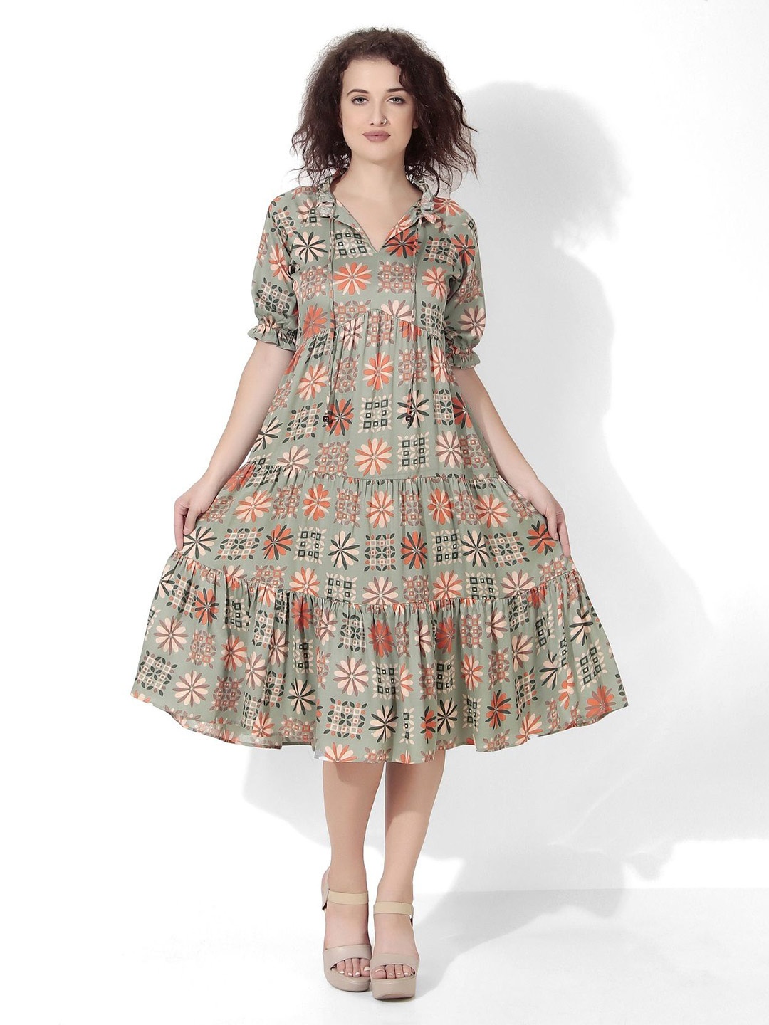 

Seryeon Women Floral Print Puff Sleeve A-Line Midi Dress, Grey