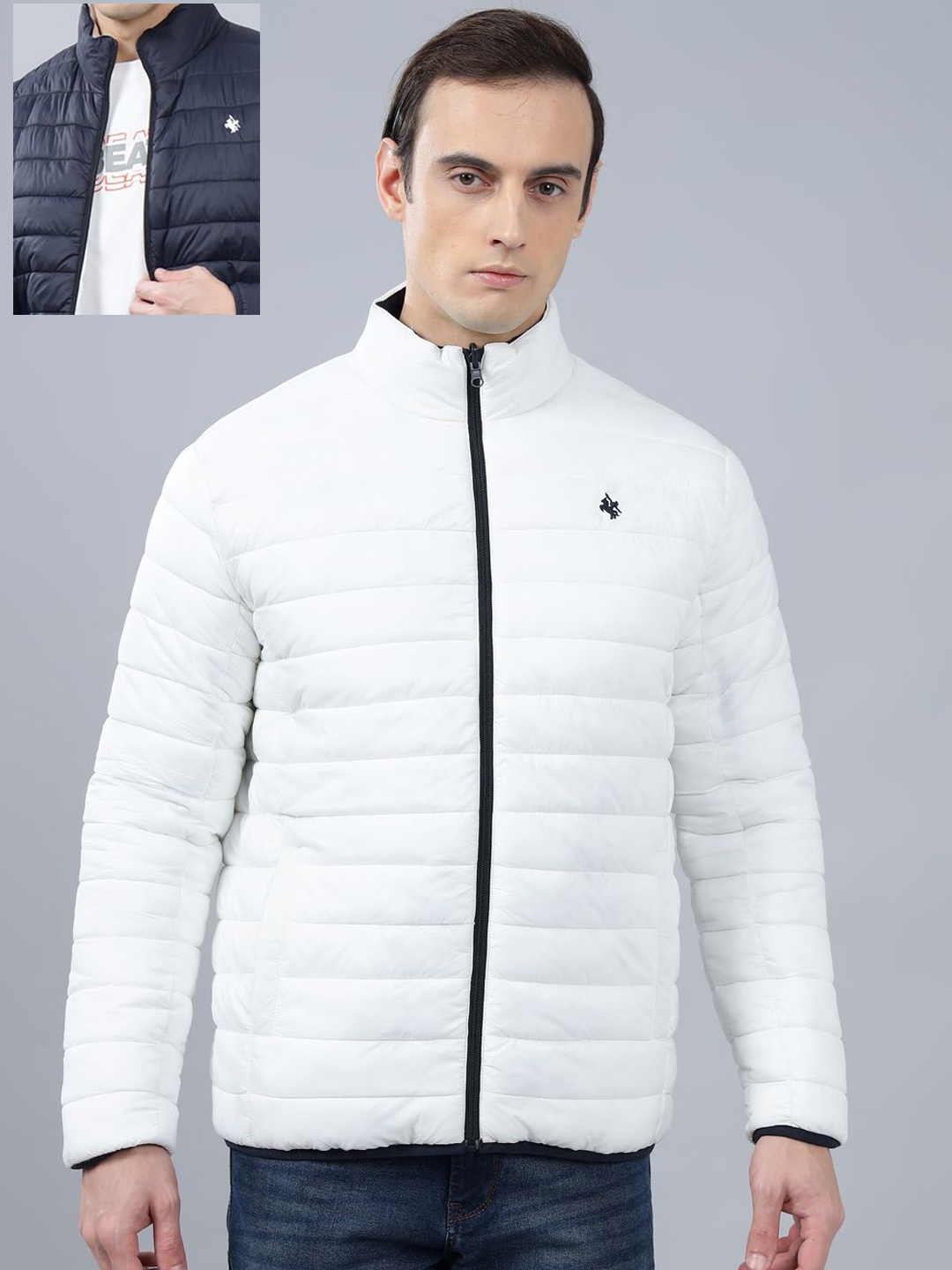 

Cantabil Men Reversible Puffer Winter Jacket, Navy blue