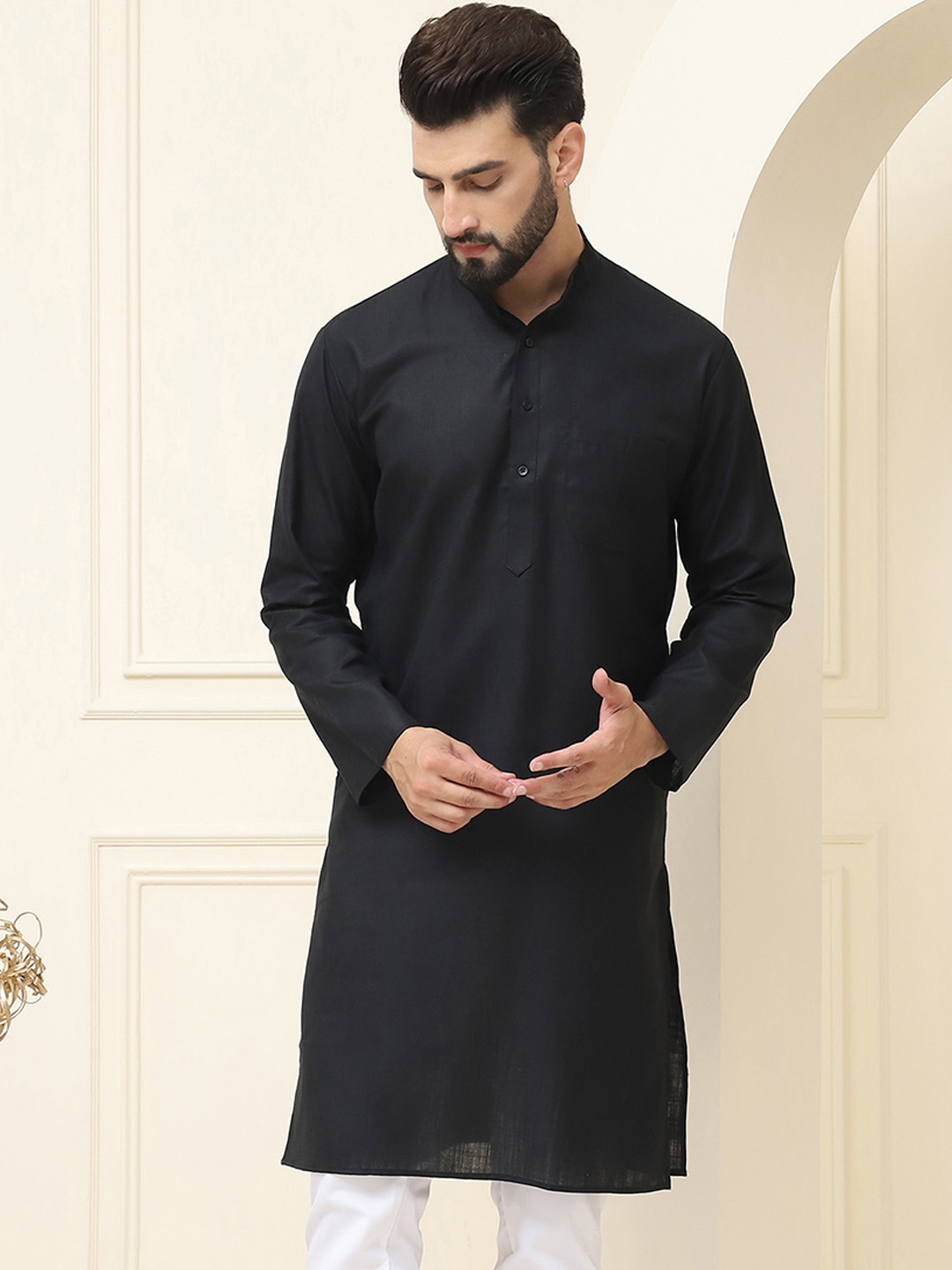 

SOJANYA Band Collar Neck Long Sleeves Regular Cotton Straight Kurta, Black