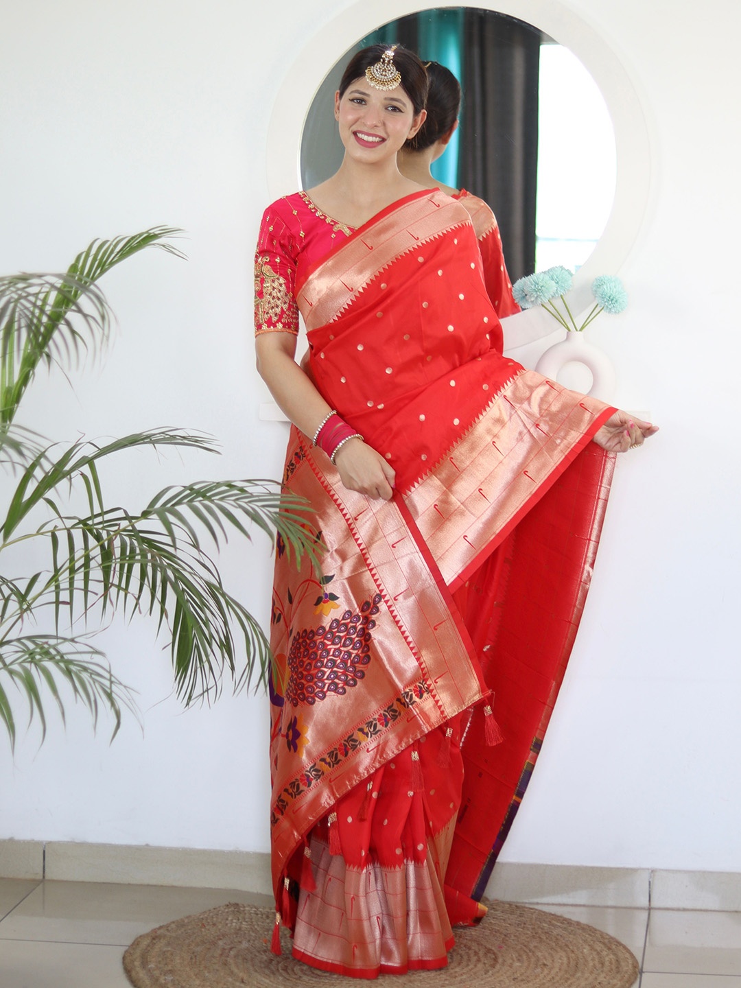 

Zeekha Ethnic Motifs Woven Design Zari Pure Silk Paithani Saree, Red