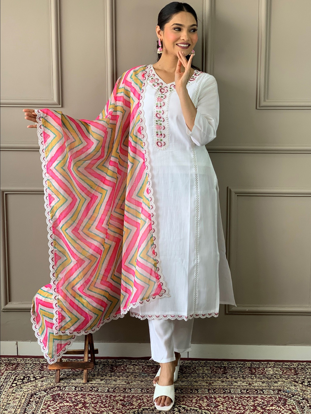 

KALINI Embroidered Regular Thread Work Straight Kurta with Trousers & Dupatta, White