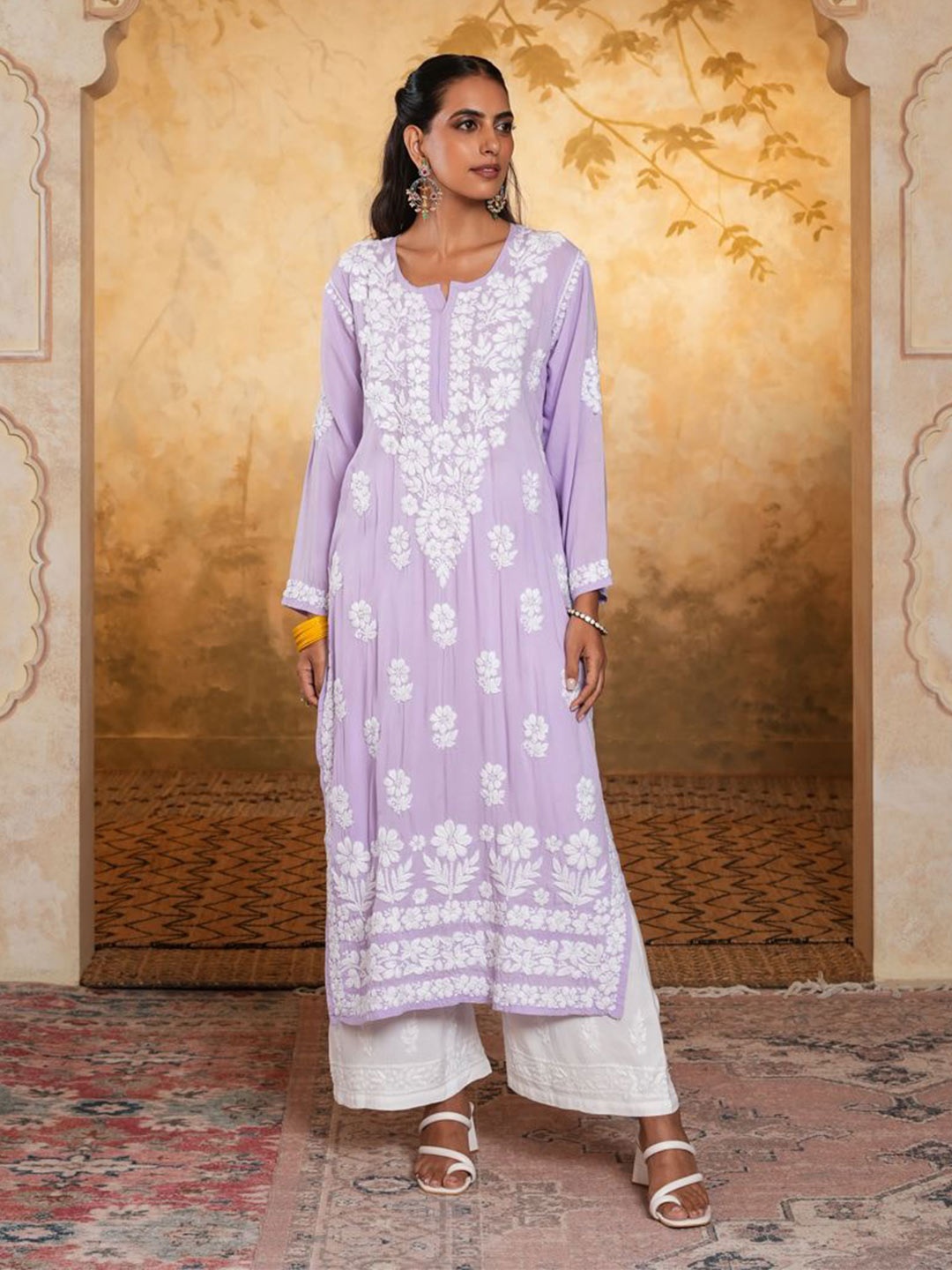 

House of Chikankari Floral Embroidered Cotton Straight Kurta, Lavender