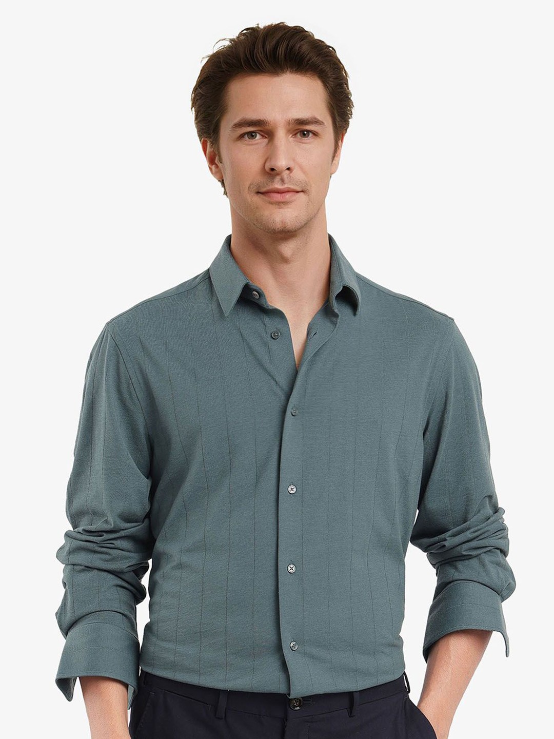 

RARE RABBIT Men Comfort Spread Collar Vertical Striped Cotton Casual Shirt, Green