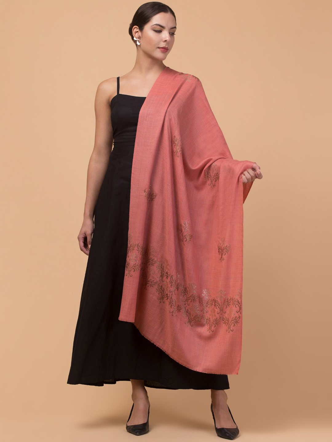 

Tweedle Floral Woven Design Pure Woollen Shawl, Peach