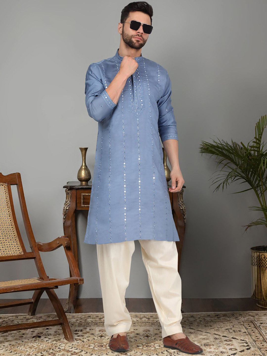 

KRAFT INDIA LUXE Ethnic Motifs Embroidered Mirror Work Cotton Silk Straight Kurta & Salwar, Blue