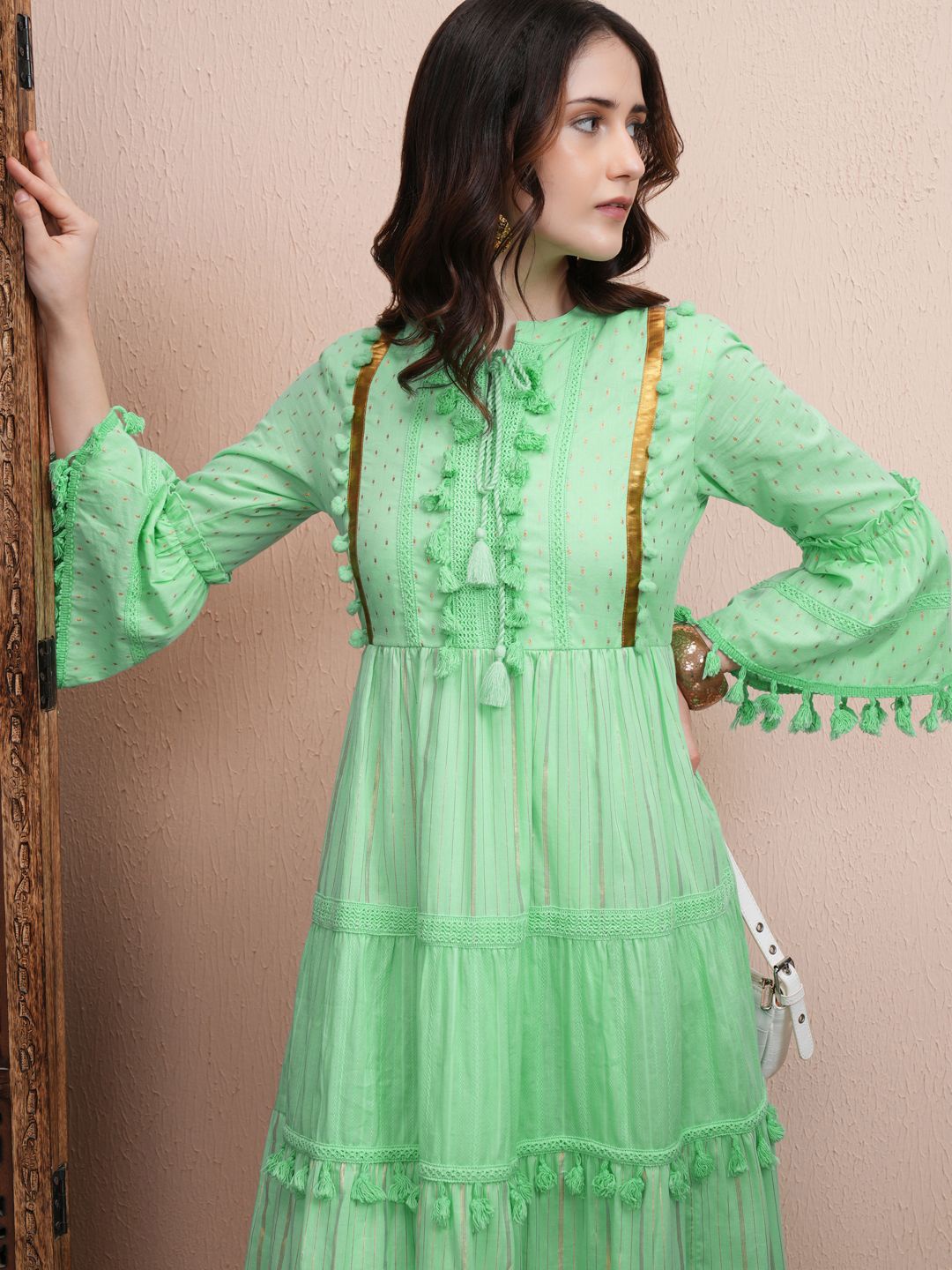 

Vishudh Women Floral Flared Sleeve Fit- Flare Maxi Dress, Green