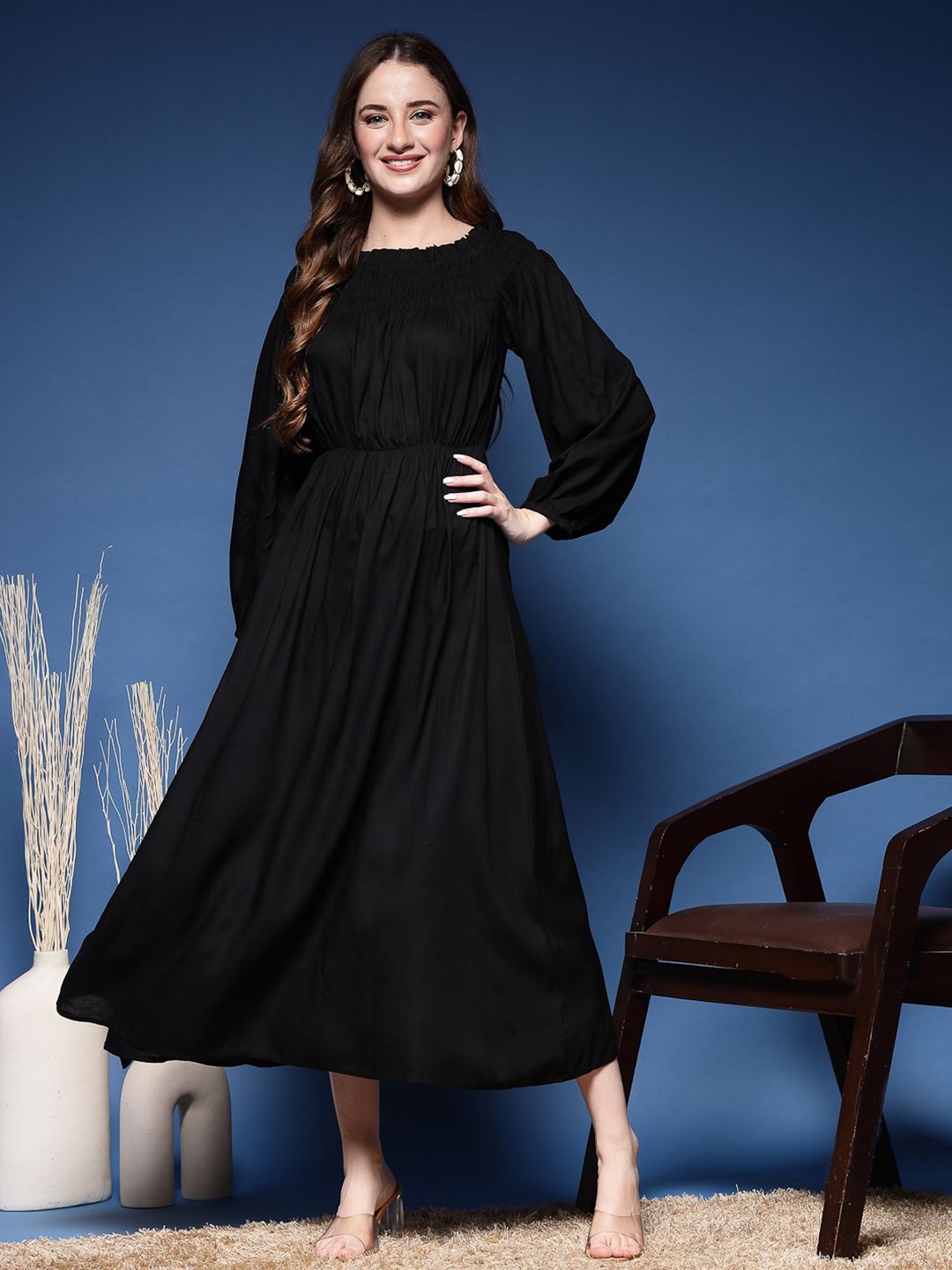 

DAEVISH Women Puff Sleeve Fit & Flare Maxi Dress, Black